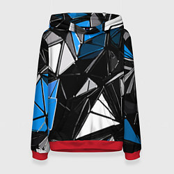 Толстовка-худи женская Сине-белые рельефные треугольники на чёрном фоне, цвет: 3D-красный