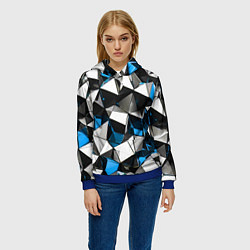 Толстовка-худи женская Сине-белые рельефные треугольники на чёрном фоне, цвет: 3D-синий — фото 2