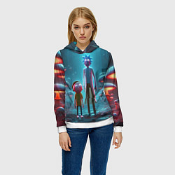 Толстовка-худи женская Морти и Рик в сказочном неоновом грибном лесу, цвет: 3D-белый — фото 2