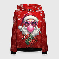 Толстовка-худи женская Санта в розовых очках и жвачкой, цвет: 3D-черный