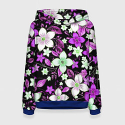 Толстовка-худи женская Фиолетово-белые цветы на чёрном фоне, цвет: 3D-синий