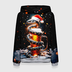 Толстовка-худи женская Змея с кружкой пива на Новый год, цвет: 3D-меланж