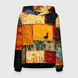 Толстовка-худи женская Пэчворк с птичкой, цвет: 3D-черный
