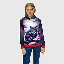 Толстовка-худи женская Черно фиолетовая сова сидит на ветке, цвет: 3D-красный — фото 2