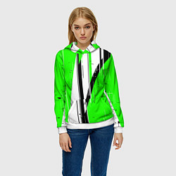 Толстовка-худи женская Black and white vertical stripes on a green backgr, цвет: 3D-белый — фото 2