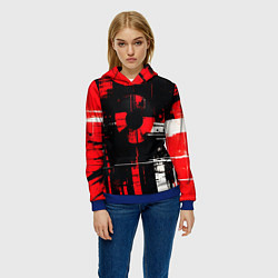 Толстовка-худи женская Красно-белый гранж на чёрном фоне, цвет: 3D-синий — фото 2