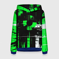 Толстовка-худи женская Зелёно-белый гранж на чёрном фоне, цвет: 3D-синий