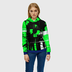Толстовка-худи женская Зелёно-белый гранж на чёрном фоне, цвет: 3D-синий — фото 2