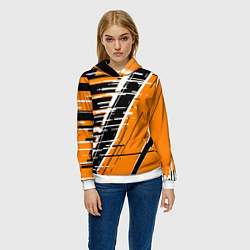 Толстовка-худи женская Чёрно-белые глитч полосы на оранжевом фоне, цвет: 3D-белый — фото 2