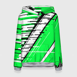 Толстовка-худи женская Чёрно-белые глитч полосы на зелёном фоне, цвет: 3D-меланж