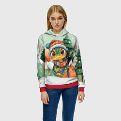 Толстовка-худи женская Новогодняя змейка в шарфике, цвет: 3D-красный — фото 2