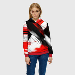 Толстовка-худи женская Диагональные красно-чёрные линии на белом фоне, цвет: 3D-красный — фото 2