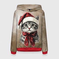Толстовка-худи женская Котик в новогоднем колпаке, цвет: 3D-красный