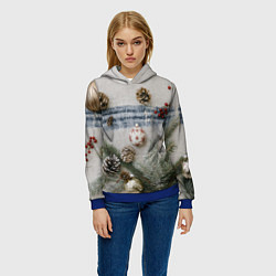 Толстовка-худи женская Новогодние украшения, цвет: 3D-синий — фото 2