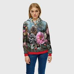 Толстовка-худи женская Новогодние цветы и шишки, цвет: 3D-красный — фото 2