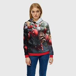 Толстовка-худи женская Новогодние украшения на ветках, цвет: 3D-красный — фото 2