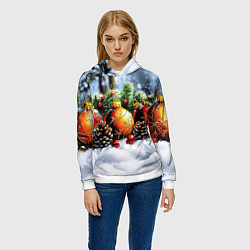 Толстовка-худи женская Красные и желтый новогодние шары, цвет: 3D-белый — фото 2