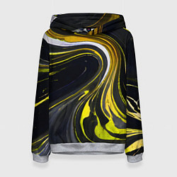 Толстовка-худи женская Волнистые бело-жёлтые линии на чёрном фоне, цвет: 3D-меланж