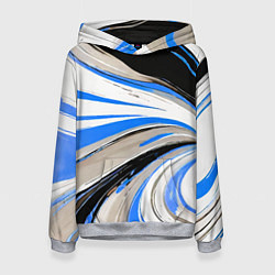 Толстовка-худи женская Волнистые бело-синие линии на чёрном фоне, цвет: 3D-меланж