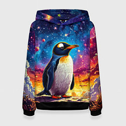 Толстовка-худи женская Пингвин в космосе, цвет: 3D-черный