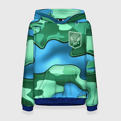 Толстовка-худи женская Зелено-голубой камуфляж и герб РФ, цвет: 3D-синий