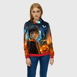 Толстовка-худи женская Гарри Поттер на фоне огня, цвет: 3D-красный — фото 2