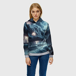 Толстовка-худи женская Шторм на море - сверкание молний, цвет: 3D-меланж — фото 2