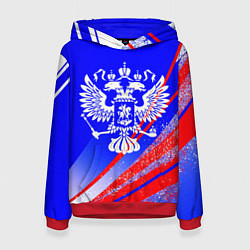 Толстовка-худи женская Герб России на фоне цветов флага синий, цвет: 3D-красный