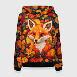 Толстовка-худи женская Лисенок в осенних листьях, цвет: 3D-черный