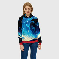 Толстовка-худи женская Бело-синее пламя из абстрактных красок, цвет: 3D-красный — фото 2