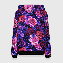 Толстовка-худи женская Разноцветные цветы - синие розы паттерн, цвет: 3D-черный