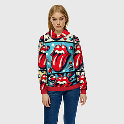 Толстовка-худи женская Rolling Stones logo - pop art, цвет: 3D-красный — фото 2