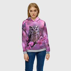 Толстовка-худи женская Сова на ветке с розовыми цветами, цвет: 3D-меланж — фото 2