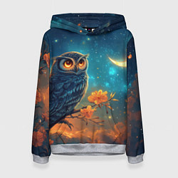 Толстовка-худи женская Сова на фоне ночного неба, цвет: 3D-меланж
