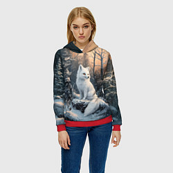 Толстовка-худи женская Белый лисенок в зимнем лесу, цвет: 3D-красный — фото 2