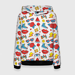 Толстовка-худи женская Паттерн с яркими молодежными стикерами, цвет: 3D-черный