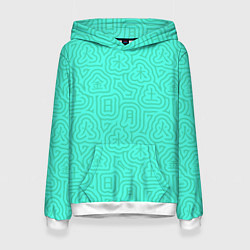 Толстовка-худи женская Лабиринтовый паттерн с иероглифами на бирюзе, цвет: 3D-белый