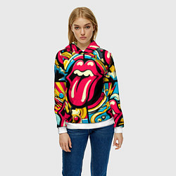 Толстовка-худи женская Rolling Stones logo - pop art pattern, цвет: 3D-белый — фото 2