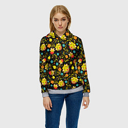 Толстовка-худи женская Хохлома цветы, цвет: 3D-меланж — фото 2