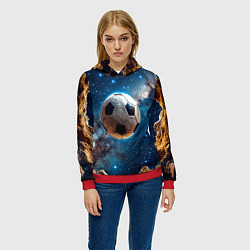 Толстовка-худи женская Футбольный мяч в космосе, цвет: 3D-красный — фото 2