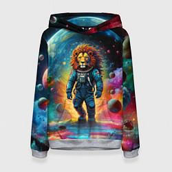 Толстовка-худи женская Лев бравый космонавт - неоновый космос, цвет: 3D-меланж