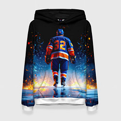 Толстовка-худи женская Хоккеист в синем пламени, цвет: 3D-белый