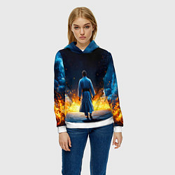 Толстовка-худи женская Айкидоист в огне и синий дым, цвет: 3D-белый — фото 2