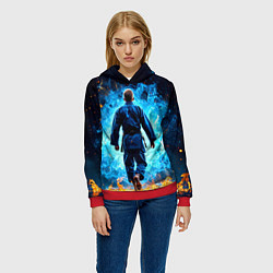 Толстовка-худи женская Дзюдоист в синем пламени, цвет: 3D-красный — фото 2