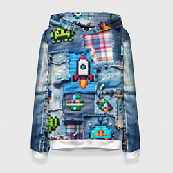 Толстовка-худи женская Пиксельная ракета, цвет: 3D-белый