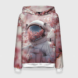 Толстовка-худи женская Космонавт в весенних листьях, цвет: 3D-белый