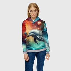 Толстовка-худи женская Галактический дельфин - неоновый космос, цвет: 3D-меланж — фото 2