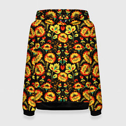 Толстовка-худи женская Русская узорная роспись, цвет: 3D-черный