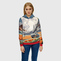 Толстовка-худи женская Луна и автомобиль, цвет: 3D-красный — фото 2