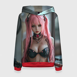 Толстовка-худи женская Девушка с розовыми волосами в наушниках, цвет: 3D-красный